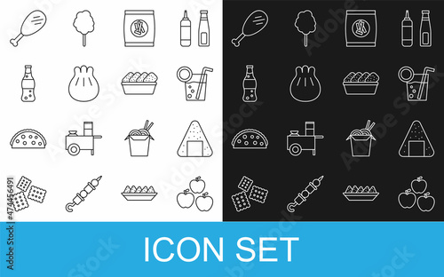 Set line Apple, Onigiri, Cocktail, Hard bread chucks crackers, Khinkali on cutting board, Bottle of water, Chicken leg and nuggets box icon. Vector