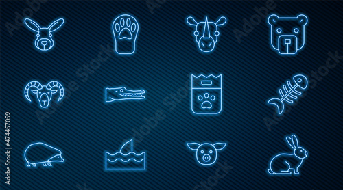 Set line Rabbit, Fish skeleton, Rhinoceros, Crocodile, Head of goat or ram, head, Bag food and Paw print icon. Vector