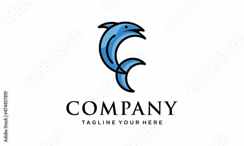 Dolphine logo design, abstract emblem with dolphin in blue colors vector Illustration on a white background