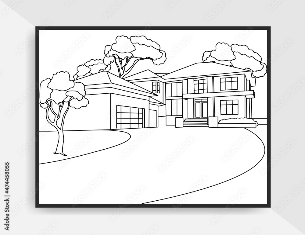 Sketch style hand drawn of house landscape or poster in decorative style beautiful illustration for coloring page