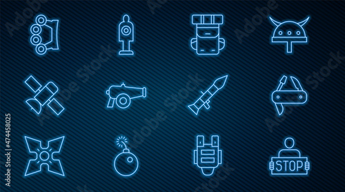 Set line Stop war, Swiss army knife, Hiking backpack, Cannon, Satellite, Brass knuckles, Rocket launcher and Human target sport for shooting icon. Vector