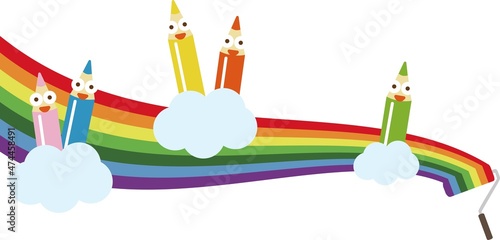 虹　ローラー　描く　塗る　ペンキ塗り　白背景　色鉛筆　鉛筆