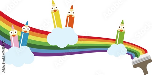 虹　刷毛　描く　塗る　ペンキ塗り　白背景　色鉛筆　鉛筆