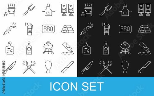 Set line Bread knife, Ketchup bottle, Wooden logs, Kitchen apron, Fire extinguisher, Grilled shish kebab, Barbecue grill and icon. Vector