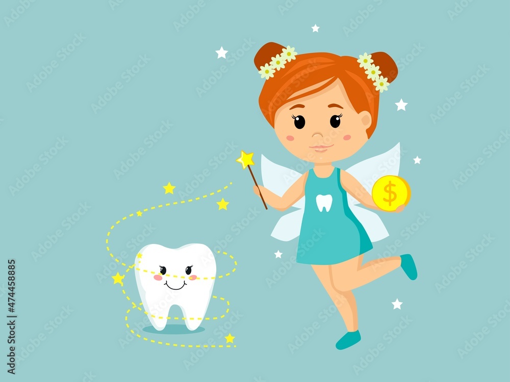 Vector Illustration of a cute Tooth Fairy flying with a magic wand and tooth