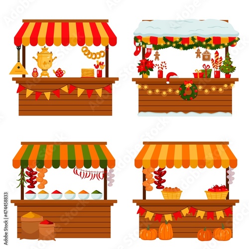 set of wooden kiosk with christmas, shrovetide, autumn produce, traditional marketplace tents