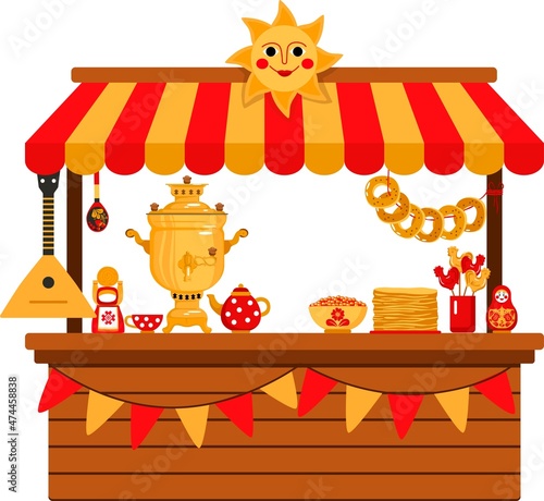 Shrovetide Market Stall. Outdoor festival stand. Kiosks. Souvenir kiosk. Vector