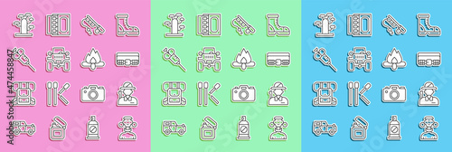 Set line African tribe male, Hunter, Hunting cartridge belt, Fishing rod, Off road, Syringe, tree and Campfire icon. Vector