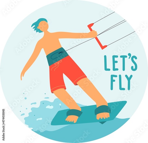 Kitesurfing. Sportsman kitesurfer. Water sports of extreme sports, summer rest on water.