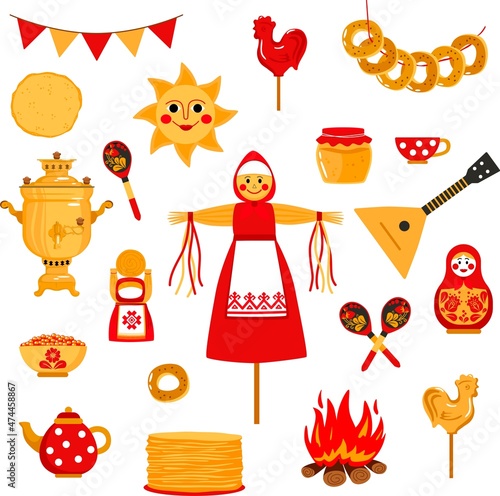 Set of Maslenitsa or Shrovetide icons in flat style isolated on white background. Collection of traditional Russian symbols.