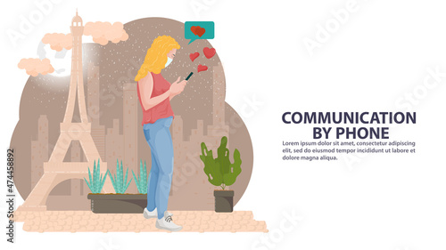 Illustration in the style of flat design A girl in a mask on the background of a city and a tower next to plants communicates in a mobile phone