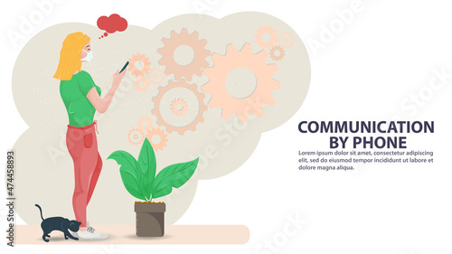 Illustration in the style of flat design A girl in a mask on the background of spinning gears and plants communicates in a mobile phone