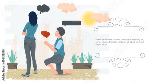 Illustration in the style of flat design A guy is on his knees in front of a girl who turned away from him