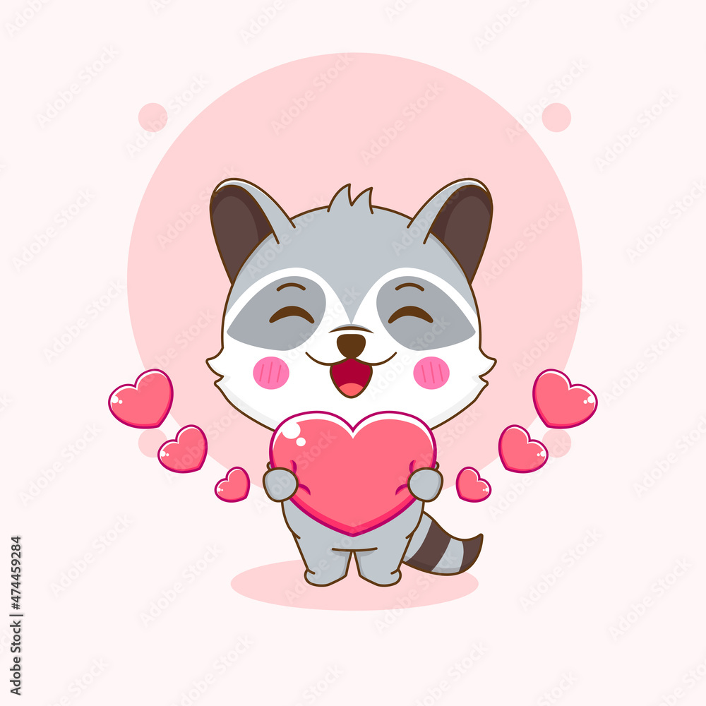 Cute raccoon cartoon character holding love heart Cute raccoon cartoon character holding love heart