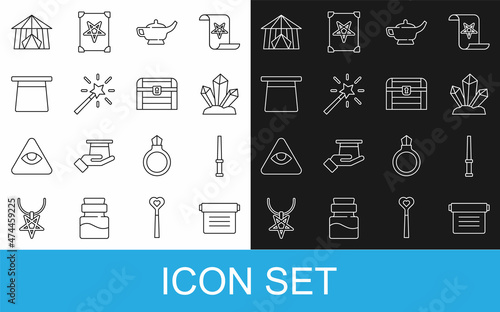 Set line Ancient magic book, Magic wand, stone, lamp or Aladdin, hat, Circus tent and Antique treasure chest icon. Vector