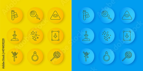 Set line Magic staff, Sword in the stone, Sparkle stars with magic, wand, Ancient book, Bottle love potion, Masons and Eye icon. Vector