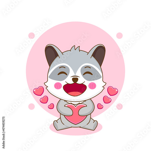 Cute raccoon cartoon character holding love heart