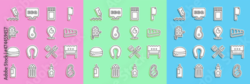 Set line Steak meat, BBQ brazier, Matchbox and matches, Oven glove, Sauce bottle and Location with fire flame icon. Vector
