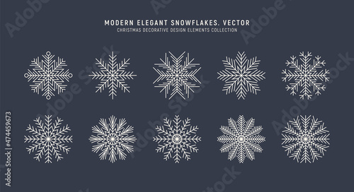 Elegant Modern Ornate Snowflakes Vector Set In Vintage Style Isolated On Background. Outline Trendy Snowflake Symbol Collection For Christmas And New Year Decoration. Winter Decorative Design Elements