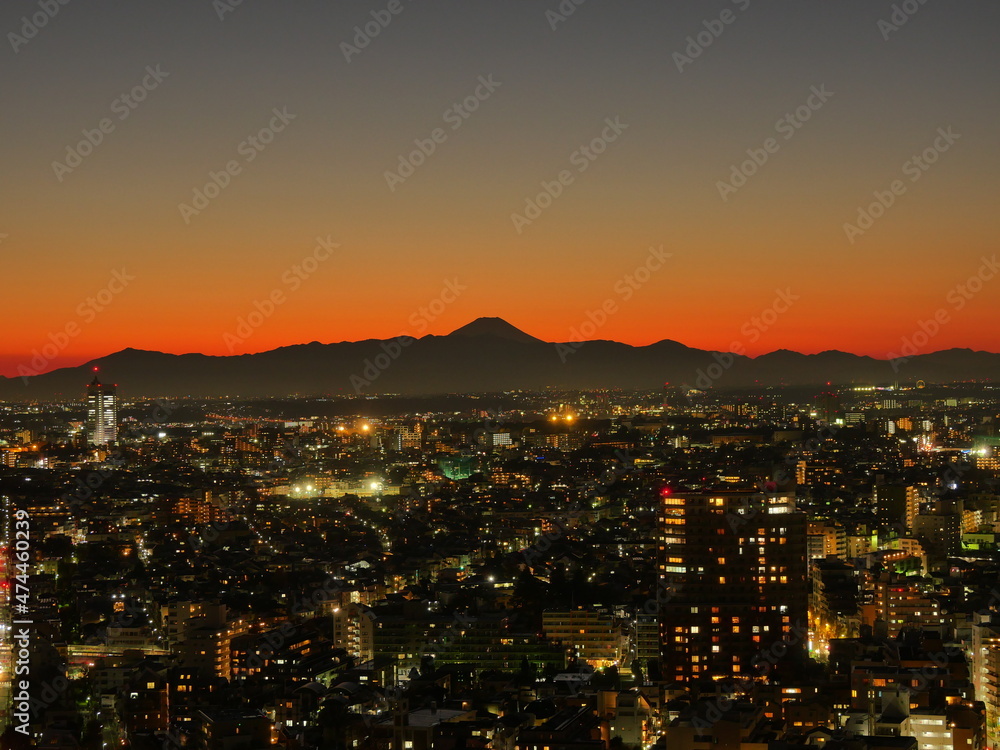 Obraz premium キャロットタワー展望台からの富士山と街並みの夜景