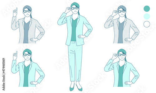 Illustration set of the businesswoman wearing glasses (white background, vector, cut out)