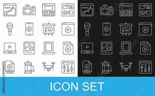 Set line Sound mixer controller, AVI file document, Online play video, Video recorder laptop, Microphone, Histogram graph photography and Scenario chalkboard icon. Vector