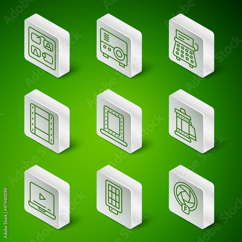 Set line Camera shutter, Softbox light, Storyboard, Makeup mirror with lights, Play Video, Media projector, Online play video and roll cartridge icon. Vector