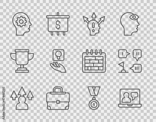 Set line Front end development, Online education, Project team base, Briefcase, Human head with gear inside, Light bulb, Medal and Planning strategy icon. Vector
