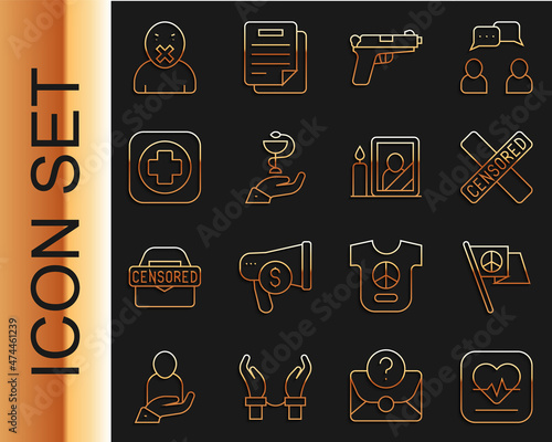 Set line Heart rate, Peace, Censored stamp, Pistol gun, Caduceus snake medical, Hospital signboard, and freedom of speech and Mourning photo frame icon. Vector