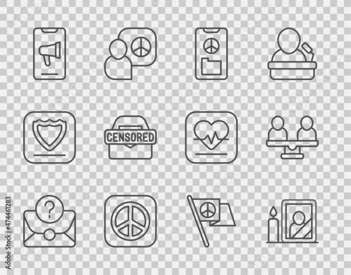 Set line Envelope with question mark, Mourning photo frame, Peace, Protest, Censored stamp, and Gender equality icon. Vector