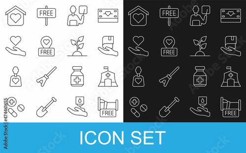 Set line Free overnight stay house, Emergency medical tent, Book donation, Teacher, Location with heart, Heart in hand, Shelter for homeless and Volunteer team planting trees icon. Vector