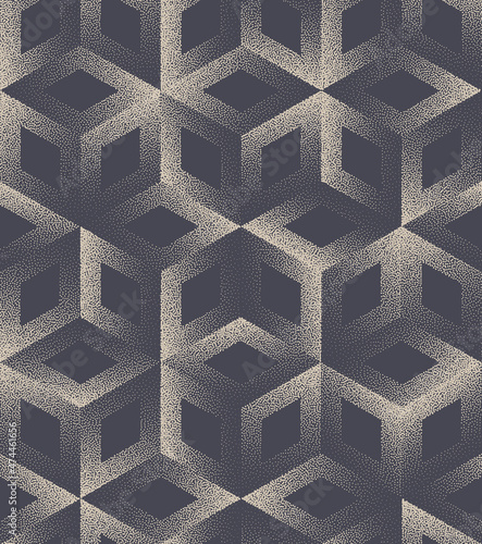 Modernism Cubic Structure Seamless Pattern Vector Stippled Abstraction. Architecture Concept Modern Abstract 3D Art Repetitive Illustration. Geometric Grid Brutal Block Structure Dotted Subtle Texture