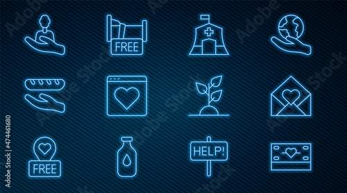 Set line Donation and charity, Emergency medical tent, Dating app online, food, Caring for people, Volunteer team planting trees and Free overnight stay house icon. Vector