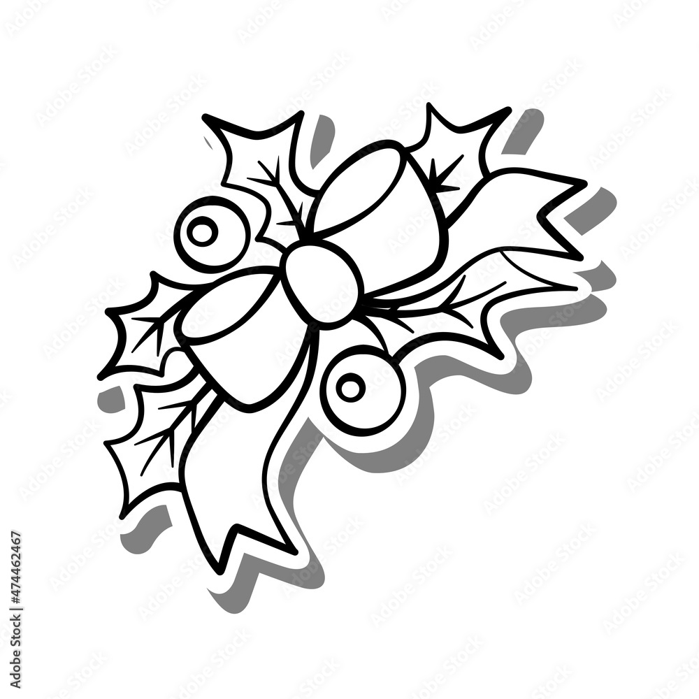 Fototapeta premium Black line berry, holly, bow and leaves. Doodle on white silhouette and gray shadow. Hand drawn cartoon style. Vector illustration holiday Christmas for decorate, coloring and any design.