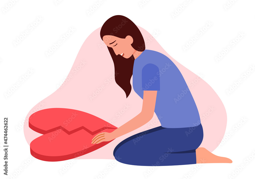 Broken heart concept vector illustration. Sad woman touch red broken heart pieces in flat design. Broken heart concept vector illustration. Sad woman touch red broken heart pieces in flat design.