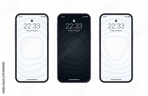 Different Variations Black And White 3D Layered Smooth Geometric Wallpaper Set On Photo Realistic Smart Phone Screen Isolated On White Background. Vertical Abstract Blurred Screensavers For Smartphone