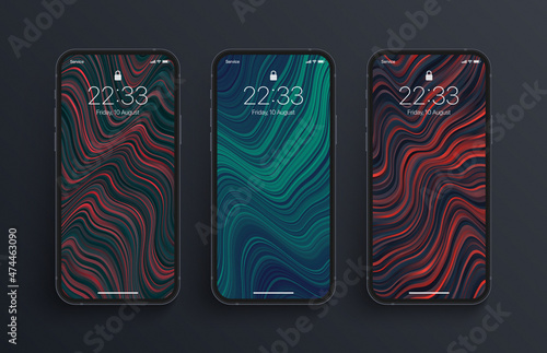 Different Variations Of Vivid Distorted Stripes Glitch Art Wallpapers Set On Photorealistic Smart Phone Screen Isolated On Dark Background. Vertical Abstract Screensavers Collection For Smartphone