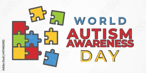 Awareness for people with autism, illustration of autistic support concept, autism symbol, ribbon, heart, puzzle
