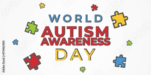 Awareness for people with autism, illustration of autistic support concept, autism symbol, ribbon, heart, puzzle
