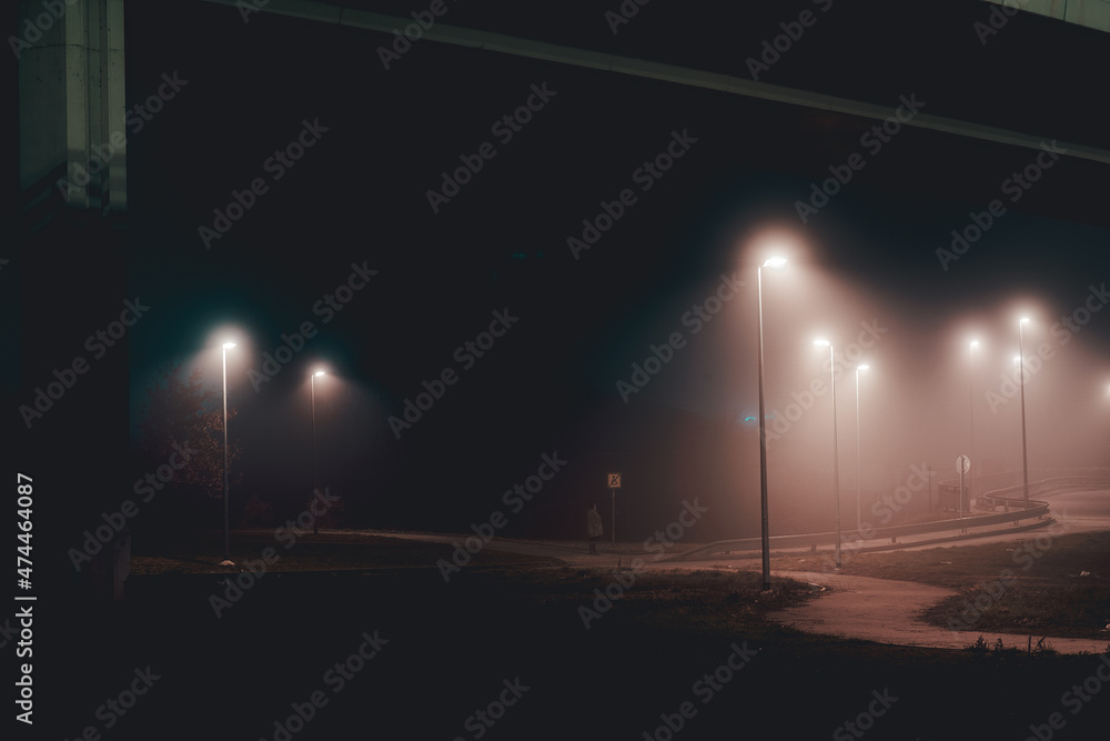 street lights under a concrete bridge in the fog in the city of Prague at night 2021