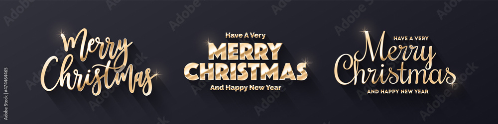 Obraz premium Have A Very Merry Christmas And Happy New Year Golden Gradient Vector Different 3D Text Design Template Collection On Dark Blue Background. Xmas Typographic Variations Golden Metallic Design Elements