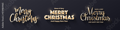 Have A Very Merry Christmas And Happy New Year Golden Gradient Vector Different 3D Text Design Template Collection On Dark Blue Background. Xmas Typographic Variations Golden Metallic Design Elements