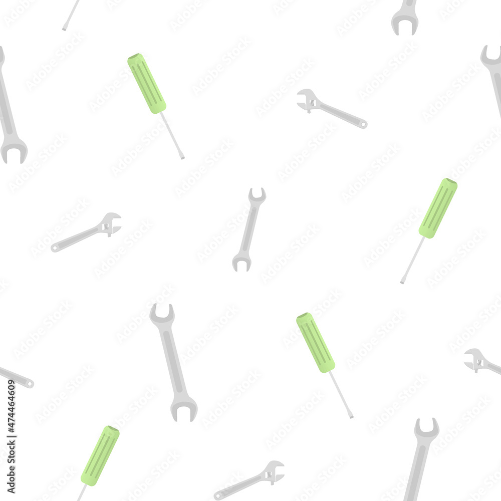Pattern of sliding wrench, wrench and screwdriver. Cute color design. On a white background. Tools for any specialist. Flat vector illustration. Pattern of sliding wrench, wrench and screwdriver. Cute color design. On a white background. Tools for any specialist. Flat vector illustration.