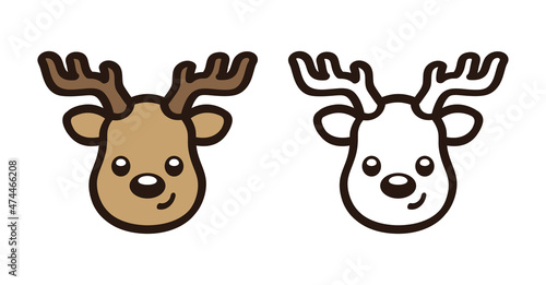 Happy reindeer head colored and outline doodle clipart set