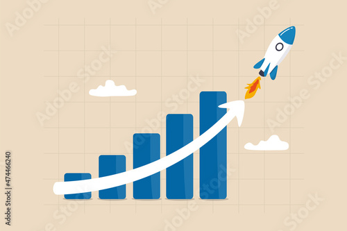 Exponential growth or compound interest, investment, wealth or earning rising up graph, business sales or profit increase concept, financial report graph with exponential arrow from flying rocket.