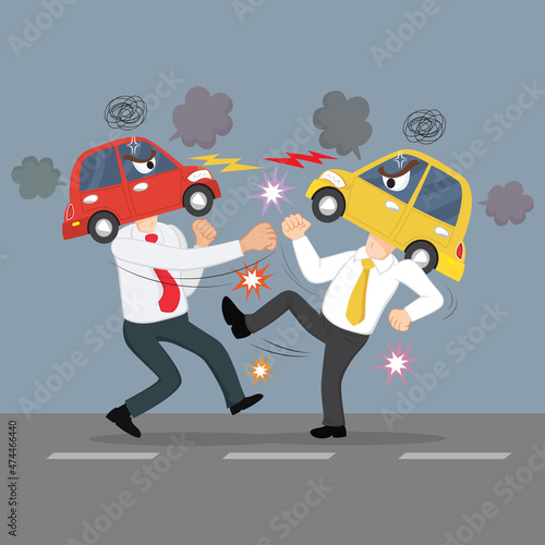 Drivers arguing get in fist fight in apparent road, Illustration vector cartoon
