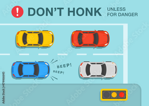 Angry car driver is honking horn for no reason at traffic light. Top view of a city road. Don't nok unless for danger warning design. Flat vector illustration template.