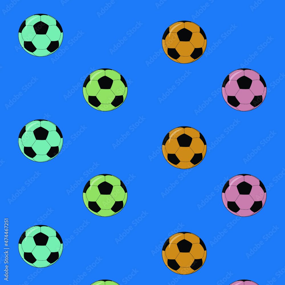 Pattern from colorful soccer balls on a blue background. Background with sports theme Pattern from colorful soccer balls on a blue background. Background with sports theme