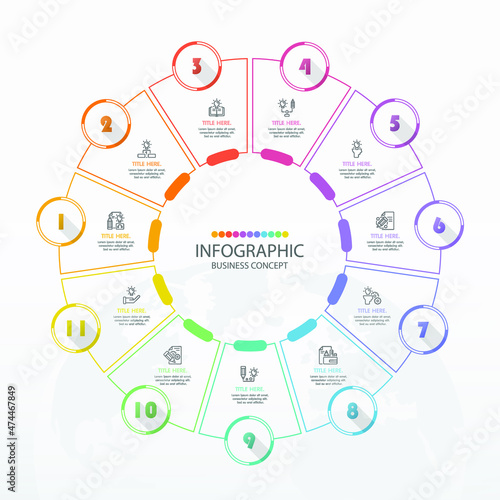 Basic circle infographic template with 11 steps, process or options, process chart, Used for process diagram, presentations, workflow layout, flow chart, infograph. Vector eps10 illustration.