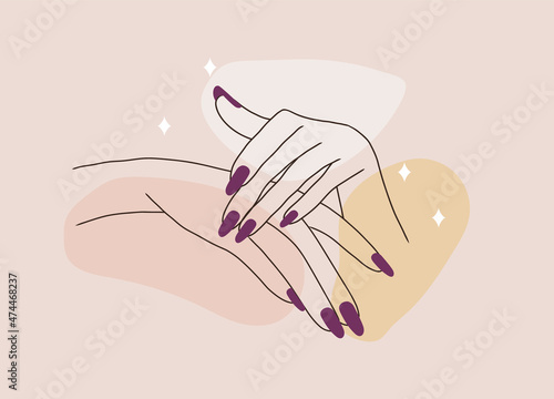 Female manicured hands. Lady painting, polishing nails. Nail polish. Vector Illustration of Elegant female hands in a trendy minimalist style. Beauty logo for nail studio or spa salon.